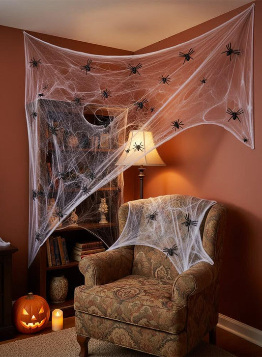 🕷️🎃 Premium 400g Stretch Spider Web with 100 Realistic Spiders 👻🕸️