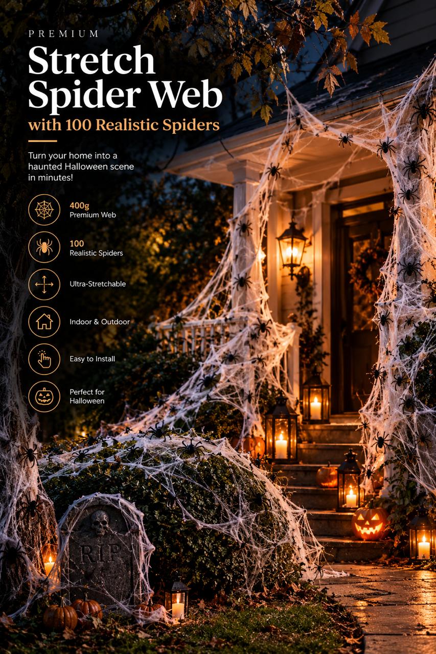 🕷️🎃 Premium 400g Stretch Spider Web with 100 Realistic Spiders 👻🕸️