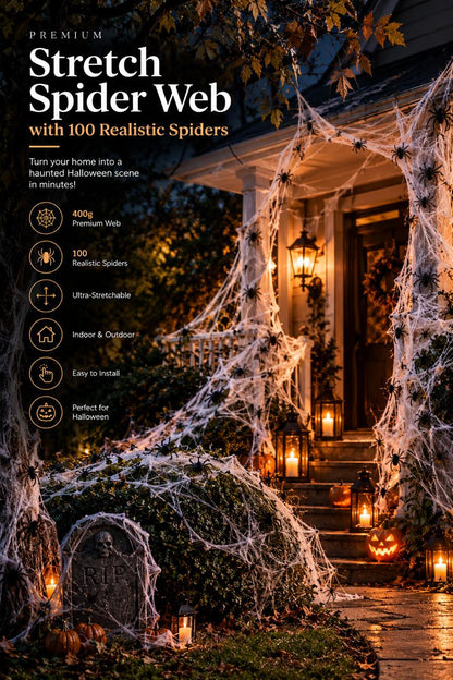 🕷️🎃 Premium 400g Stretch Spider Web with 100 Realistic Spiders 👻🕸️